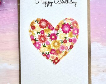 Handmade Happy Birthday Greeting Card with Stitched Fabric Heart - A6