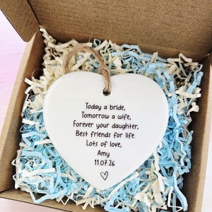 Handmade ceramic heart for Mother of the Bride presented in gift-ready packaging.