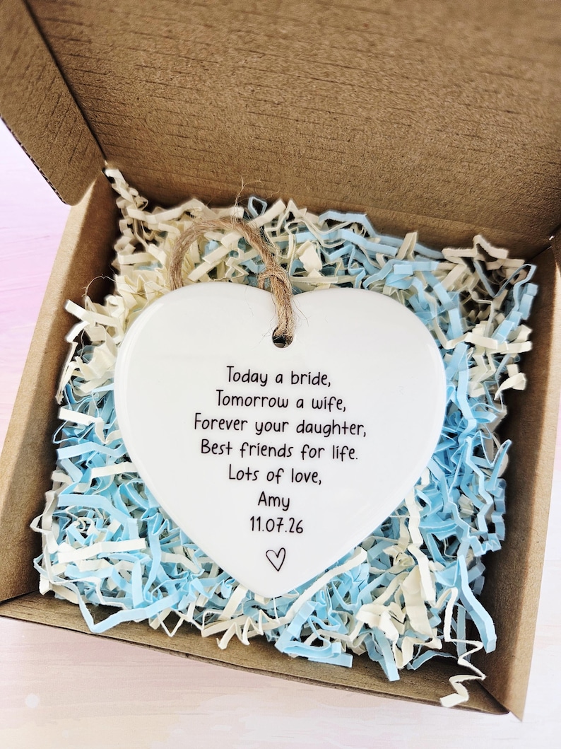Handmade ceramic heart for Mother of the Bride presented in gift-ready packaging.