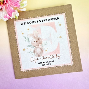 Biglietto per nuova bambina, benvenuto al mondo, personalizzato, neonato, bambina, neonato, coniglio, fatto a mano
