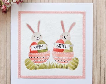 Happy Easter Bunny Card –  Handmade Spring Greeting - Printed Fabric Design