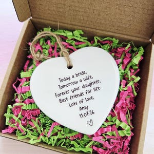 Daughter to Mum wedding gift ceramic ornament with personalised name and date.