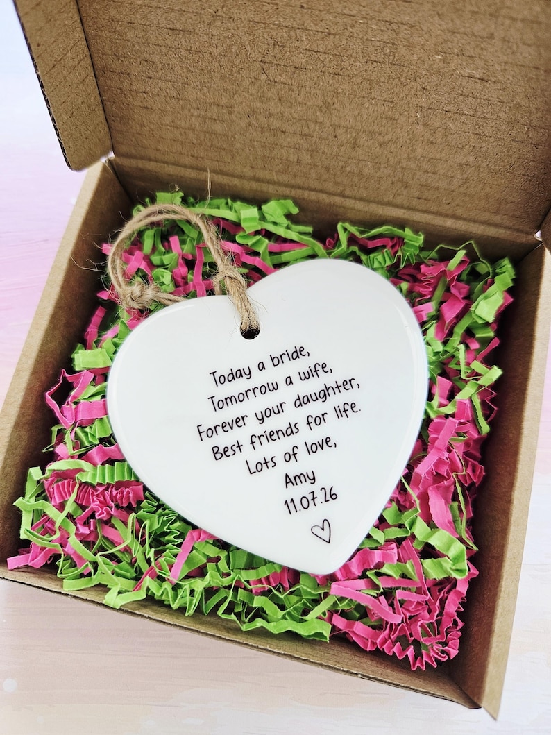 Daughter to Mum wedding gift ceramic ornament with personalised name and date.