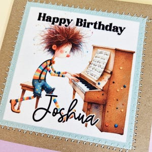 Happy Birthday, Personalised, Machine Stitched Fabric Card, Greeting Card, Pianist Birthday Card, Piano, Music Birthday Card, Whimsical
