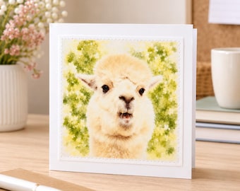 Alpaca Greeting Card - Farm Animal - Handmade Fabric Print - Blank Inside
