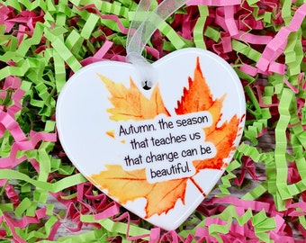 Autumn Heart Decoration | Autumn Decor | Autumn Leaves Hanging Heart | Autumnal Gift For Friend | Motivational Quote | Gift For Her