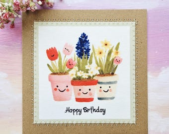 Smiling Potted Plants Birthday Greeting – Handmade Fabric Design for Plant Lovers