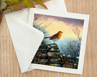 Handmade Fabric Print Robin Greeting Card - Sympathy Thinking of You or Bird Lover Gift