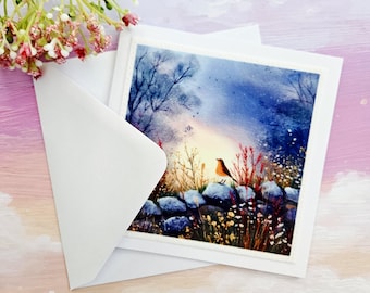 Handmade Robin Greeting Card - Thinking of You - Woodland Bird Fabric Print with Stitched Detail