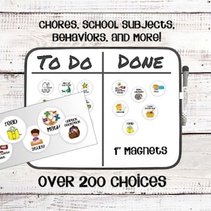 May include: A white magnetic dry-erase board with the words "To Do" and "Done" written on it. The board is divided into two sections, one for each word. There are several small, colorful magnets with different images and text on them, such as "Read", "Math", "Unpack Backpack", and "Study". The board also has the text "1" inch magnets" and "Over 200 Choices".