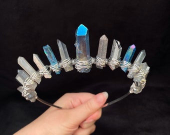 Crystal Crown Mermaid Blue Quartz Silver Wire Witch Magical Gothic Headband Wicca Pagan Wedding Bridal Festival Halloween Hair Accessories