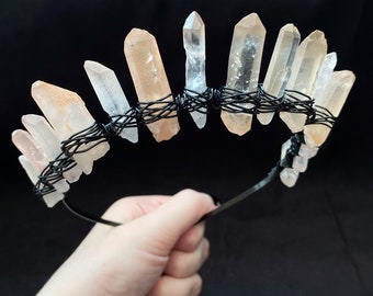 Crystal Crown Quartz Pink Rose Silver Witch Inspired Hair headband Wicca Pagan Mermaid  Wedding Bridal Festival Halloween Hair Accessories