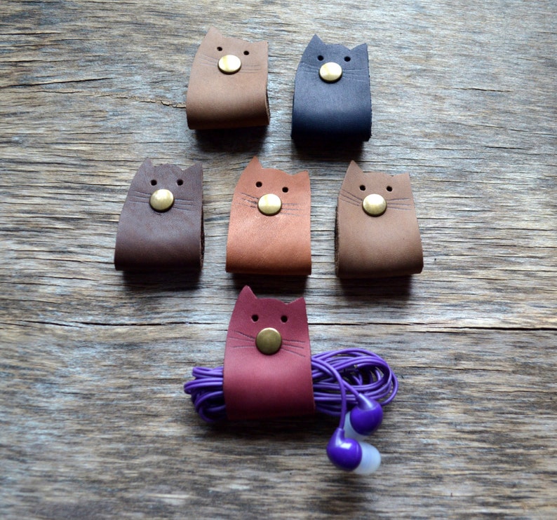 Leather cord holder cat tech organizer earbud holder as Etsy