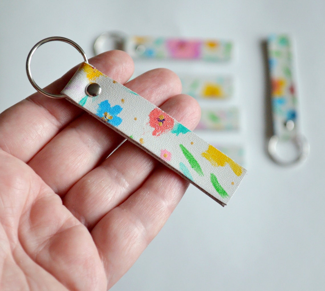 Leather Keychain hand painted leather key fob flowers painted Etsy