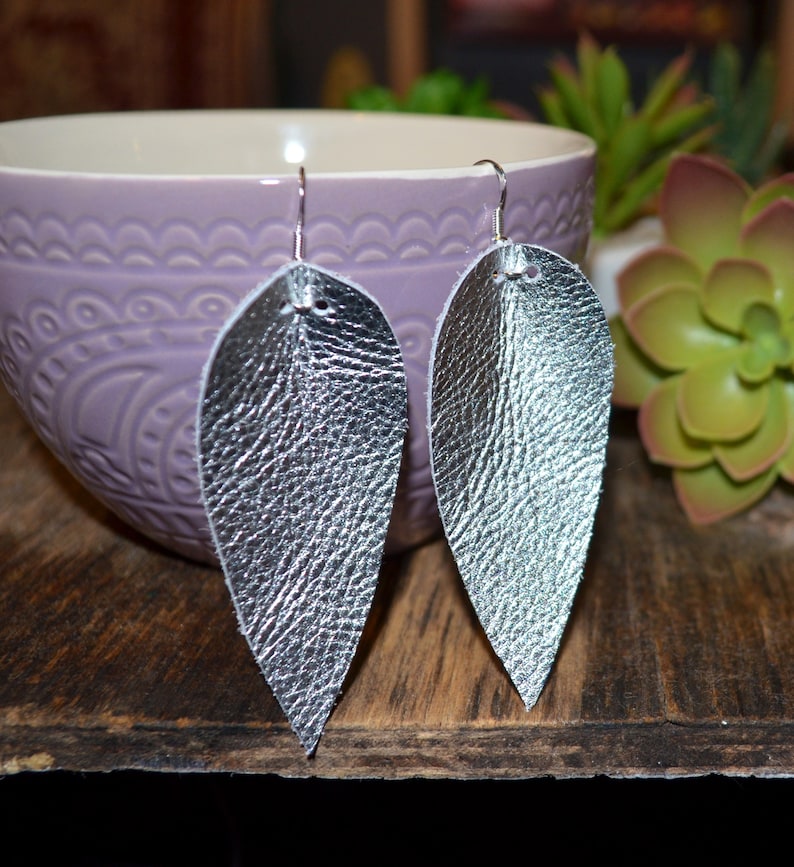 Leather SILVER Leaf Earrings Leather Jewelry Silver Color Earrings gift for girl