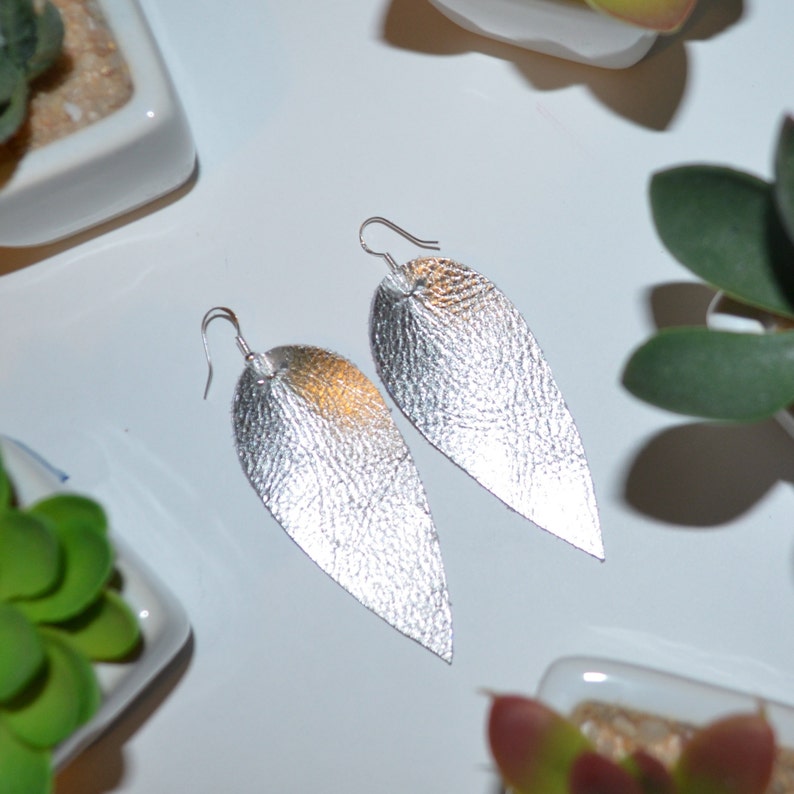 Leather SILVER Leaf Earrings Leather Jewelry Silver Color Earrings gift for girl