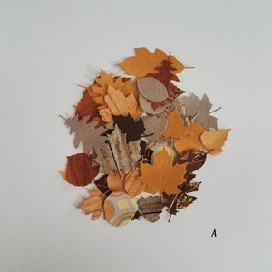 May include: A collection of assorted paper leaves in shades of orange, brown, and tan, arranged on a white surface. The leaves vary in shape and texture, with some appearing to have a wood grain pattern. The letter "A" is visible in the lower right corner.
