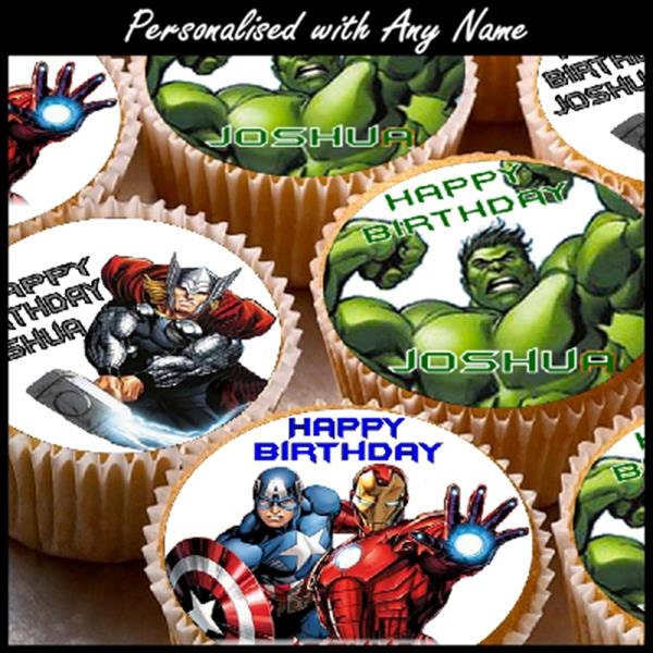 24 x Personalised Marvel Avengers Mix Cup Cake Toppers with Any Name Happy Birthday