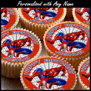 24 x Personalised Spiderman Cup Cake Toppers with Any Name Happy Birthday