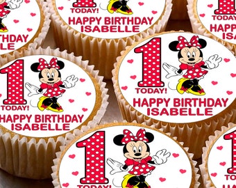 24 x Personalised Minnie Mouse Cup Cake Toppers with Any Name Happy Birthday