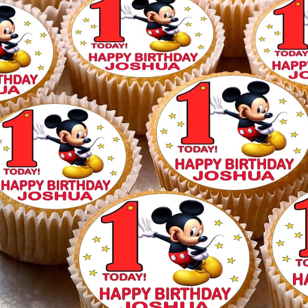 24 x Personalised Mickey Mouse Cup Cake Toppers with Any Name Happy Birthday