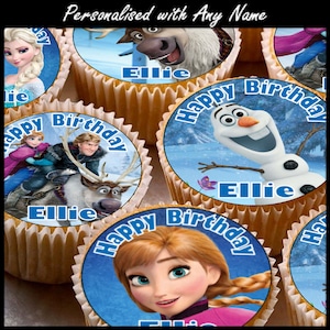 24 x Personalised Frozen Cup Cake Toppers with Any Name Happy Birthday & Elsa Anna Olaf