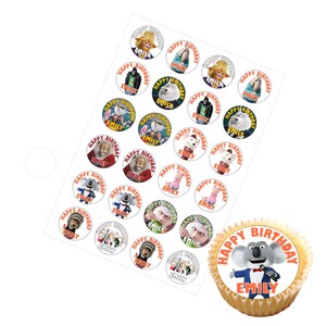 May include: A sheet of cupcake toppers featuring characters from the animated movie Sing. The toppers are round and have a white background with colourful images of the characters. The text "Happy Birthday Emily" is printed on each topper. There is also a cupcake with a topper of the character Buster Moon.