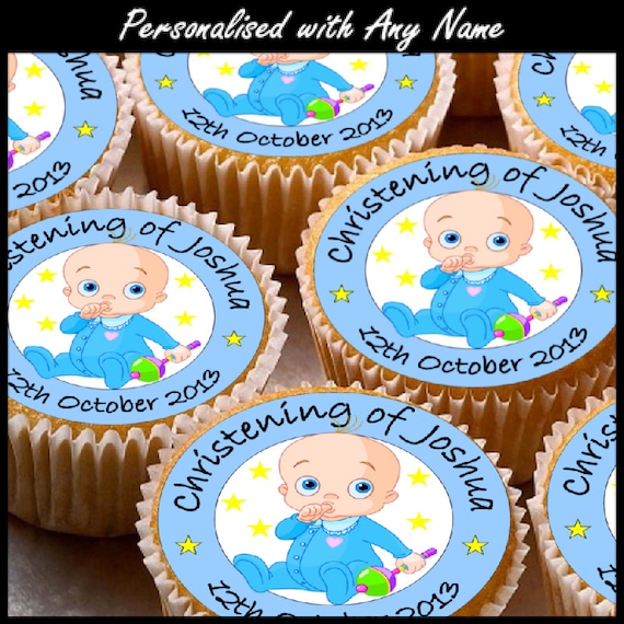 24 X Personalised Real Icing Christening Cup Cake Toppers With Any