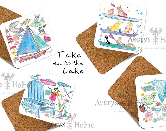Lake Coasters American Made Set of four Unique Cork Board Coasters