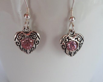 heart earrings, Sterling Silver ear wires, bridesmaid gifts, pink stone