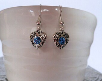 heart earrings, Sterling Silver ear wires, bridesmaid gifts, blue stone
