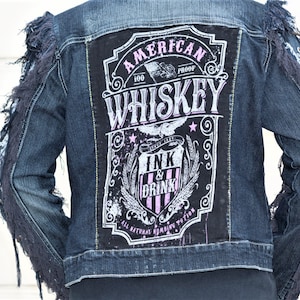 Vintage Dark Blue Denim Jacket Size L With Fringed Arm lace ups whiskey image 1