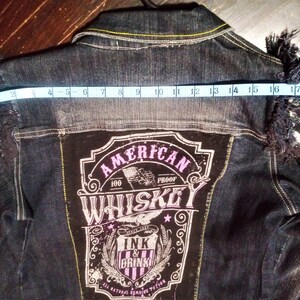 Vintage Dark Blue Denim Jacket Size L With Fringed Arm lace ups whiskey image 10