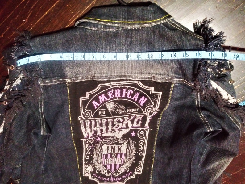 Vintage Dark Blue Denim Jacket Size L With Fringed Arm lace ups whiskey image 10