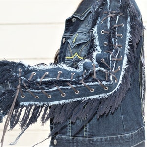 Vintage Dark Blue Denim Jacket Size L With Fringed Arm lace ups whiskey image 4