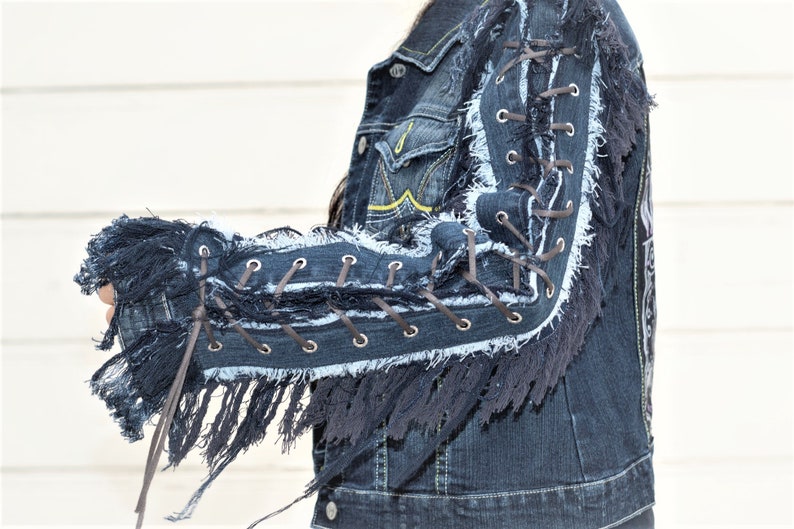 Vintage Dark Blue Denim Jacket Size L With Fringed Arm lace ups whiskey image 4