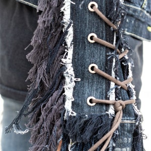 Vintage Dark Blue Denim Jacket Size L With Fringed Arm lace ups whiskey image 6