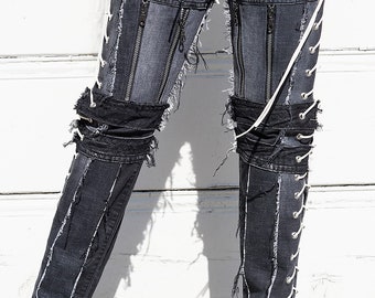 Denim on Denim Copper Style Side Open High Slit Lace Ups and Straight Down Zippers  ' Black Widow Black denim '