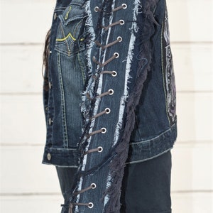 Vintage Dark Blue Denim Jacket Size L With Fringed Arm lace ups whiskey image 3