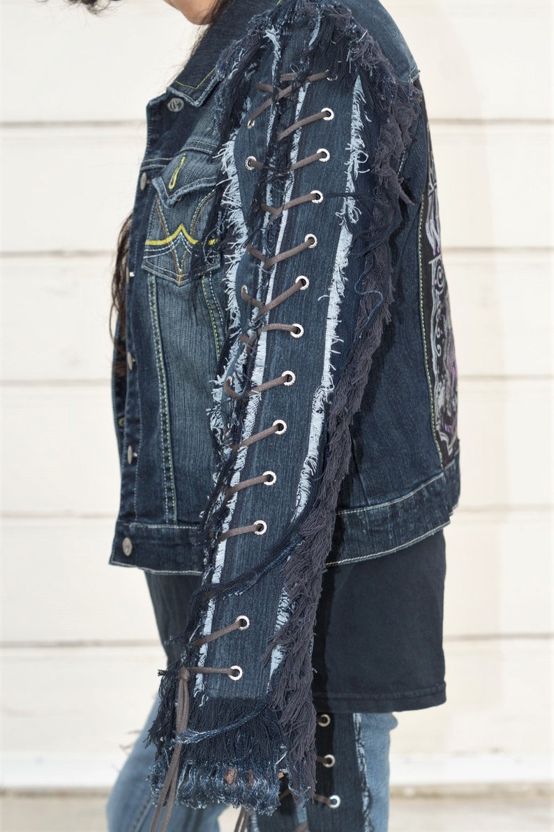 Vintage Dark Blue Denim Jacket Size L With Fringed Arm lace ups whiskey image 3