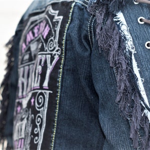 Vintage Dark Blue Denim Jacket Size L With Fringed Arm lace ups whiskey image 5