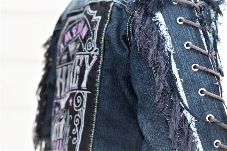 Vintage Dark Blue Denim Jacket Size L With Fringed Arm lace ups whiskey image 5