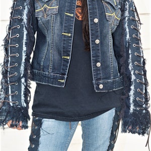 Vintage Dark Blue Denim Jacket Size L With Fringed Arm lace ups whiskey image 2