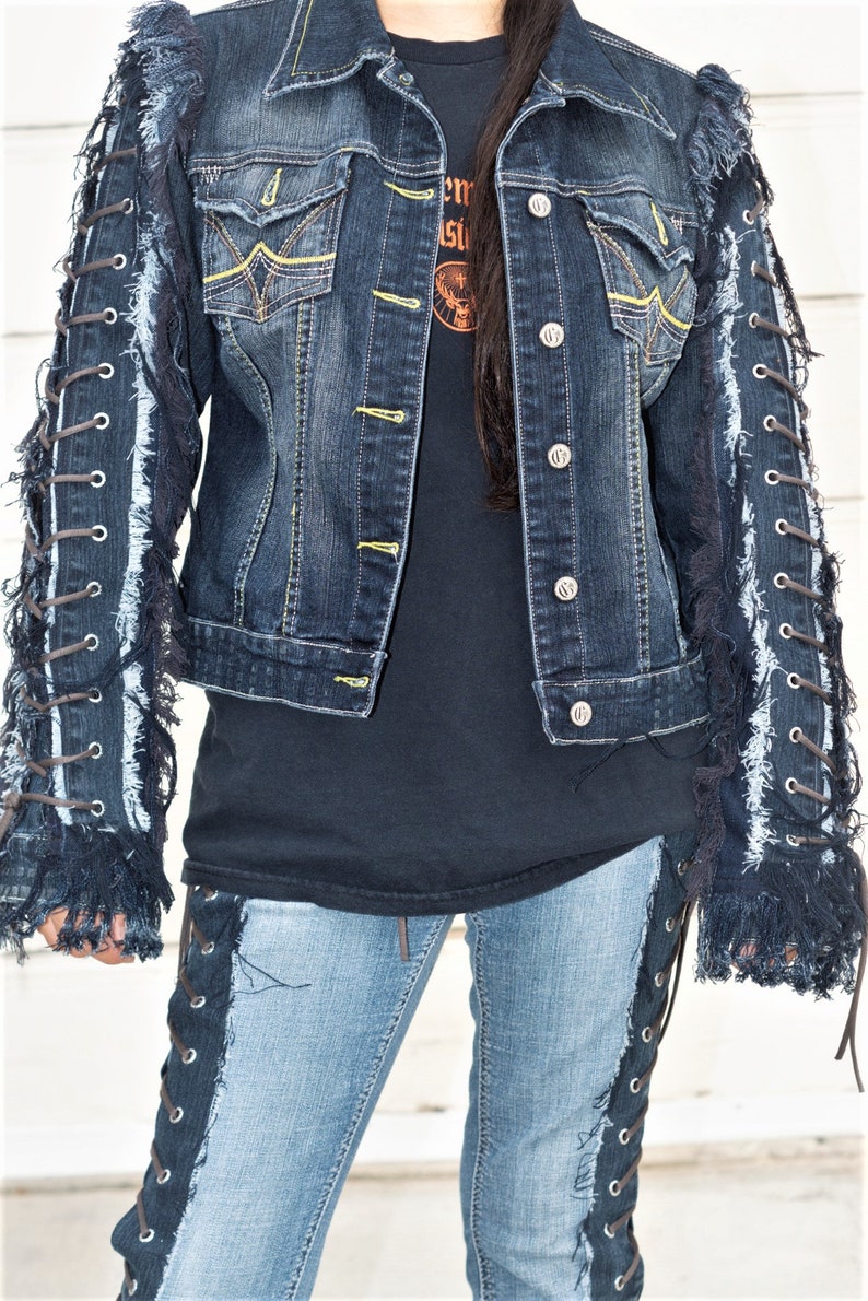 Vintage Dark Blue Denim Jacket Size L With Fringed Arm lace ups whiskey image 2