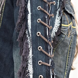 Vintage Dark Blue Denim Jacket Size L With Fringed Arm lace ups whiskey image 9