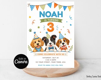 Dog Birthday Invitation, Funny Puppy Party Editable Canva Template