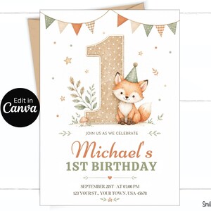 May include: A watercolor-style birthday invitation featuring a cute fox wearing a party hat next to a large number one. The invitation includes the text "Michael's 1st Birthday" and event details. The design incorporates a neutral color palette with decorative bunting.