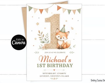 Fox First Birthday Invitation, Woodland Editable Canva Template, Digital Download