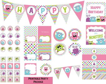 Monster Birthday Party Decorations, Girl Monster Party Decor, Printable Birthday Decorations, Monster Bash Party Instant Download