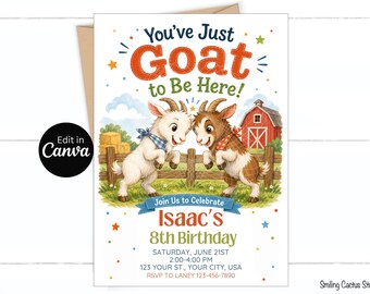 Goat Birthday Invitation, You’ve Just Goat to Be Here Editable Canva Template
